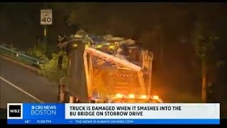 Truck damaged after hitting BU Bridge on Storrow Drive