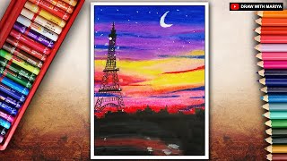 Eiffel Tower Scenery Drawing With Oil Pastels || Step by Step Drawing For Beginners.
