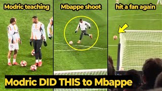 Modric teaching Mbappé in shooting technique, but Mbappé hits a fan again with his shot...