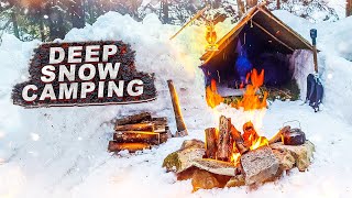 Bushcraft Deep Snow Camping, Winter Survival Shelter, Swedish Torch, ASMR