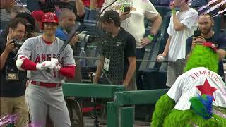 Shohei Ohtani has some fun with the Phillie Phanatic