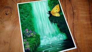 Easy Waterfall Landscape Painting tutorial for beginners/A fairy enjoy Waterfall/Nature Green Paint