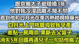 跟京圈太子爺隱婚3年，他對我冷漠疏離不聞不問，直到他和白月光在車內熱吻視頻曝光後，白月光上門挑釁導致我早產，差點一屍兩命 果斷去父留子，消失5年回國再遇兒子一句話他瘋了#狸貓說故事 #橘子喜歡的小小說