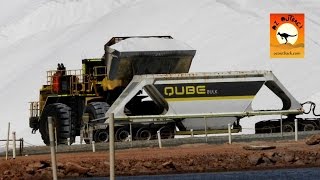 Front end loader loading road train for export at Port Hedland Salt mine - outback Western Australia