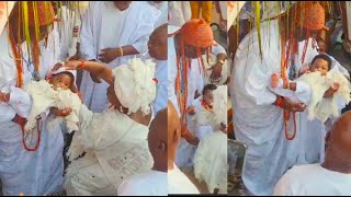 Pure Joy! See Happiness on Ooni of Ife’s Face as He Carries His Baby Boy for the 1st Time at Naming