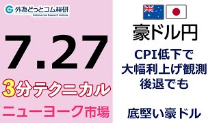 FX/為替予想  「豪ドル/円、CPI低下で大幅利上げ観測後退でも底堅い豪ドル」見通しズバリ！3分テクニカル分析 ニューヨーク市場の見通し　2022年7月27日