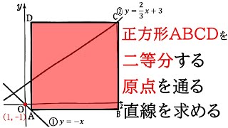 【一次関数】正方形の頂点を通らないで二等分する直線の式を求める【中2数学】