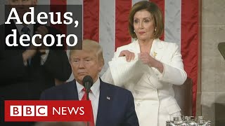 Estado da União: Presidente da Câmara dos EUA Nancy Pelosi rasga discurso de Trump