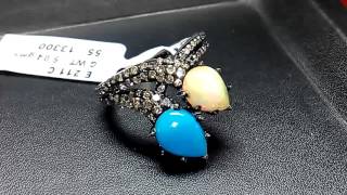 V04-050 Ethiopian Welo Opal Turquoise Gemstone Diamond 925 Sterling Silver Ring