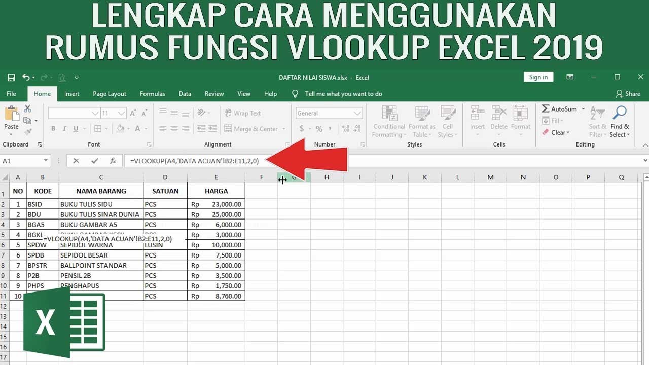 LENGKAP Cara Menggunakan Rumus Fungsi VLOOKUP Excel 2019 - YouTube