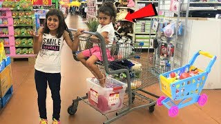 Kids Pretend play Shopping for healthy food and Toys! funny video