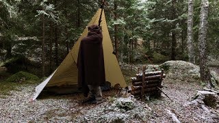 Solo Early Winter Overnight Wild Camp -  Bushcraft - Tarp Shelter - Wool Blanket - Campfire Cooking