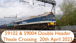 Double Headed Class 59's  59102 \u0026 59004 passing through Theale Foot Crossing