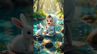 a girl wearing a hijab plays in the river happily with a rabbit #fypシ゚ #cute #beautifulpanda