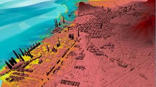 Computer simulation of a mega-tsunami's waves overtopping the coastline of Barcelona