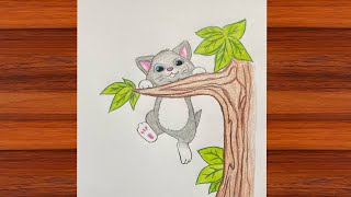 رسم منظر لطيف || تعليم رسم قطة كيوت بقلم الرصاص والالوان الخشبية للمبتدئين خطوة بخطوة