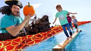 PiRATE Pumpkin DROP TEST! Spooky Family Challenge! hot lava beach dropping from 45ft (what's inside)
