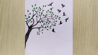 How to draw a beautiful tree with birds || Drawing for beginners - step by step