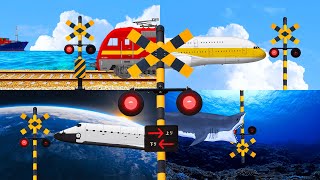 【踏切アニメ】空に伸びるふみきりカンカン♪＼宇宙旅行／Sky high! Imaginary railroad crossings and trains! 飛行機 ジェット機 深海