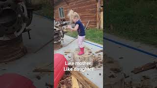 toddler playing with axes and chainsaws #lumberjill #justlikemom #timbersports