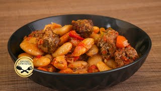 For those who know. Greek baked giant beans with sausages in the oven.