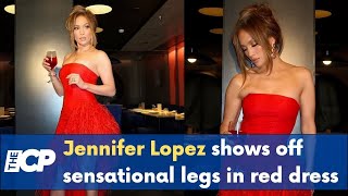 Jennifer Lopez Wears Red Strapless Dress While Promoting Cocktail Line