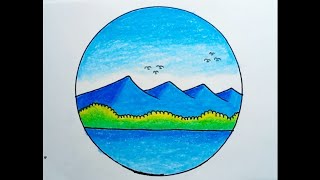 How To Draw A Mountain Landscape For Beginners Easy |Drawing Mountain Scenery In A Circle