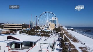 Aerial drone video of snow in Myrtle Beach, South Carolina