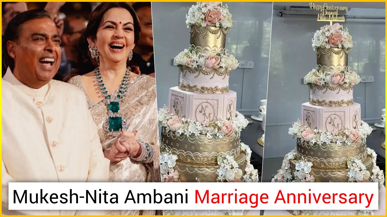 Nita Ambani Mukesh Ambani Cut 6 Tier Golden Cake On Their 39th Wedding