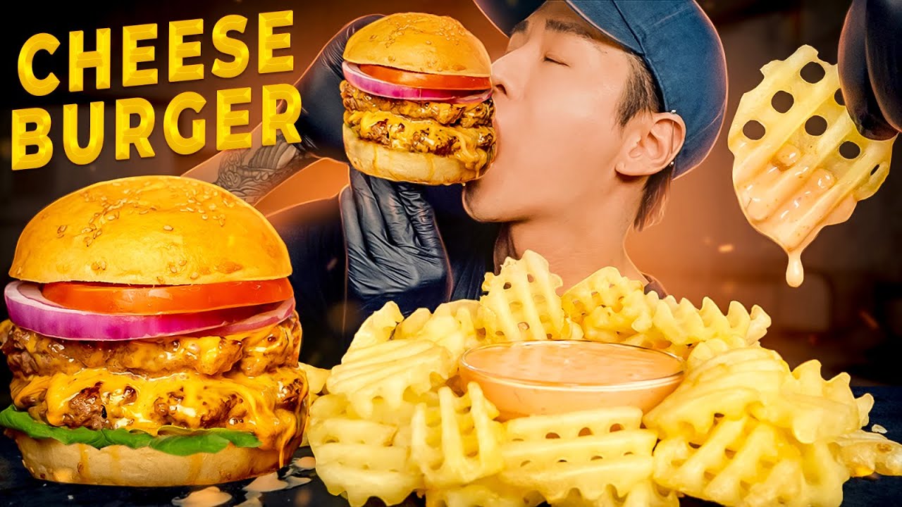 ASMR CHEESEBURGER & WAFFLE FRIES MUKBANG 먹방 | COOKING & EATING SOUNDS ...