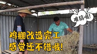 老肥和大伙终于把鸡棚弄好，也给鸡窝铺上了稻草，鸡棚大变身完成【农人老肥】