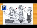 How to draw 3 Girls Best Friends -Tutorial drawing || Pencil art for beginners || Friendship drawing