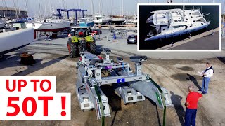 Mise à terre d'un PRIVILEGE 615 avec la nouvelle remorque 50 tonnes pour catamarans