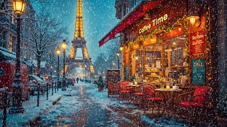 Outdoor Paris Coffee Shop Ambience with Warm Jazz Music on Winter Day \u0026 Snowfall for Work, Relax