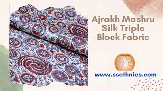 Ajrakh Mashru Silk Triple Block Fabric | Ajrakh Print Fabric | Ajrakh Silk Fabric | Ajrakh Designer