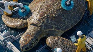 Giant Sea Turtle Spa Day Rescue team uses high-tech cleaning system to remove barnacles