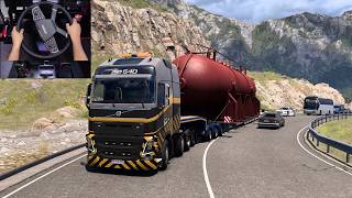 Volvo FH16 hauling 70t heat exchanger up a mountain - Euro Truck Simulator 2 with steering wheel