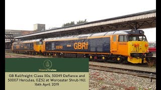 GBRF Class 50s, 50049 \u0026 50007, 0Z52 at Worcester Shrub Hill (16th April 2019)