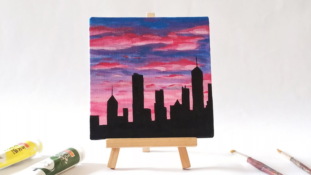 Sunset Cityscape Acrylic Painting For Beginners | How To Paint A Sunset ...