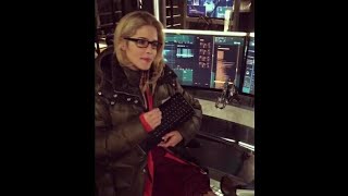Emily bett rickards on set Arrow #26