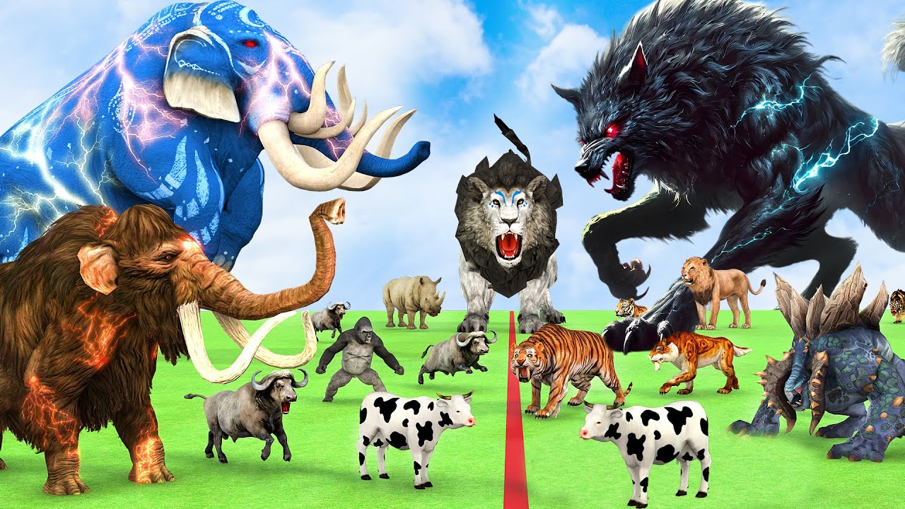 5 Giant Mammoth Elephant Cow Vs Giant Wolf Attack Vs 5 Giant Lion Tiger