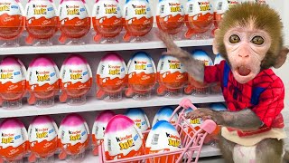 Baby Monkey Bon Bon Doing Shopping in Kinder Joy Eggs Store and Eat Chocolate with Puppy
