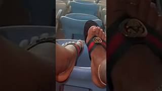 Big Ebony Feet In Gucci Flip-flops Watching Baseball