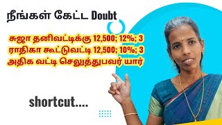 சுஜா 12500 தனிவட்டிக்கு 12% வீதம் 3 ராதிகா அதே தொகையை அதே காலத்திற்கு 10% கூட்டுவட்டிக்கும் கடன்