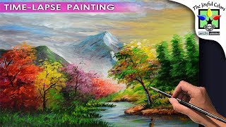 Acrylic Painting Landscape with Colorful Autumn forest trees, and Basic Mountains & River