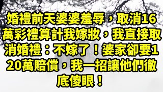 婚礼前天婆婆羞辱，取消16万彩礼算计我嫁妆，我直接取消婚礼：不嫁了！婆家却要120万赔偿，我一招让他们彻底傻眼！