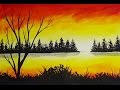 Acrylic Painting Sunset Cove and Pine Trees Silhouette