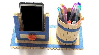 Ice cream stick craft - Diy mobile holder and pen stand with ice cream sticks - mobile stand