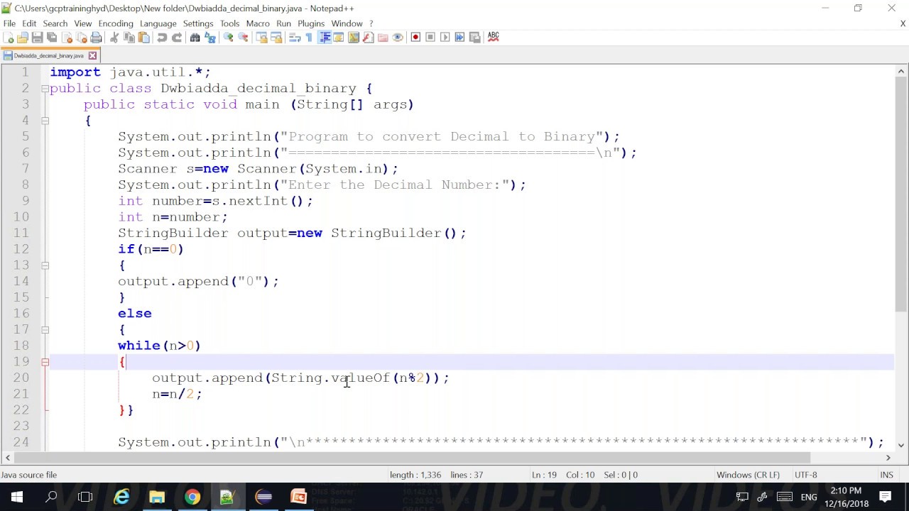 DECIMAL TO BINARY CONVERSION IN JAVA - YouTube