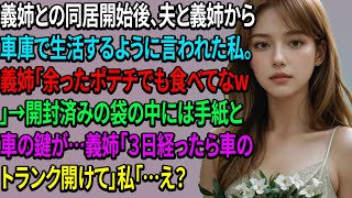 義姉との同居開始後、夫と義姉から車庫で生活するように言われた私。義姉「余ったポテチでも食べてなw」→開封済みの袋の中には手紙と車の鍵が…義姉「３日経ったら車のトランク開けて」私「…え？」【スカッと】